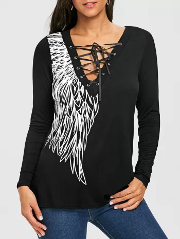 Long Sleeve Wing Print Lace Up Top
