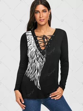 Long Sleeve Wing Print Lace Up Top