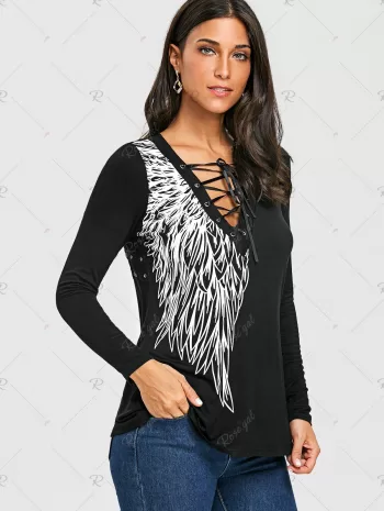 Long Sleeve Wing Print Lace Up Top