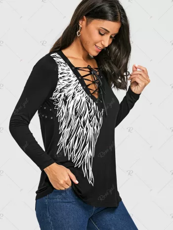 Long Sleeve Wing Print Lace Up Top