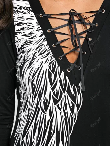 Long Sleeve Wing Print Lace Up Top
