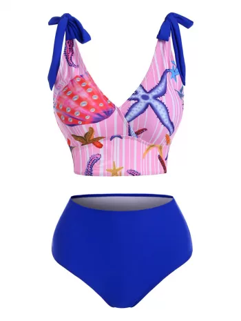 Marine Striped Tie Shoulder High Waisted Tankini Swimwear