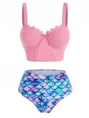 Mermaid Print Textured Moulded Scalloped Tankini Swimwear