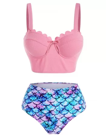 Mermaid Print Textured Moulded Scalloped Tankini Swimwear
