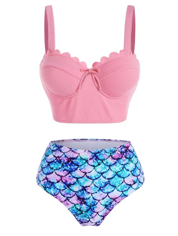 Mermaid Print Textured Moulded Scalloped Tankini Swimwear