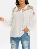 Mesh Embroidery Tie Sheer Lantern Sleeve Blouse