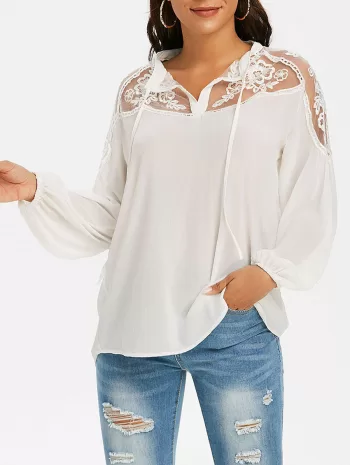 Mesh Embroidery Tie Sheer Lantern Sleeve Blouse