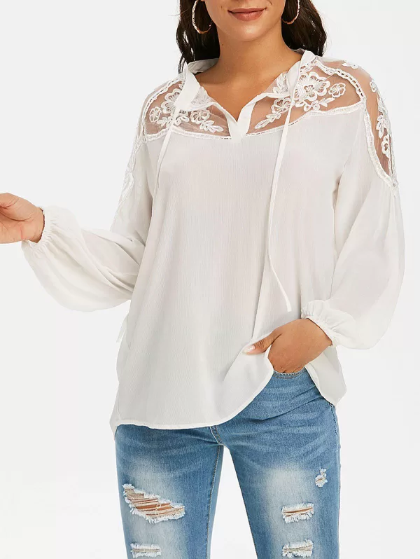 Mesh Embroidery Tie Sheer Lantern Sleeve Blouse