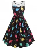 Mesh Insert Cartoon Dinosaur Print Vintage Dress