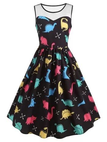 Mesh Insert Cartoon Dinosaur Print Vintage Dress