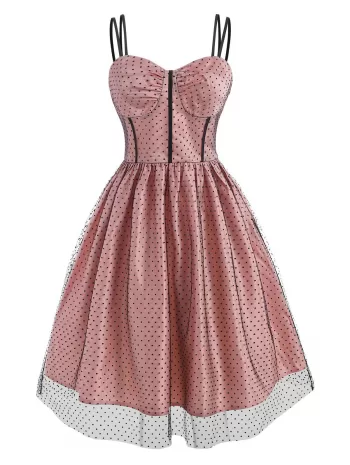 Mesh Overlay Polka Dot Corset Style Dress
