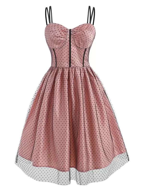 Mesh Overlay Polka Dot Corset Style Dress