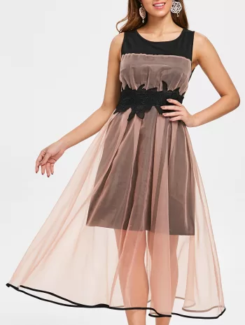 Mesh Overlay Sleeveless Vintage Dress