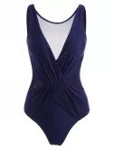 Mesh Panel Ruched Surplice One-piece Swimsuit