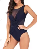 Mesh Panel Ruched Surplice One-piece Swimsuit