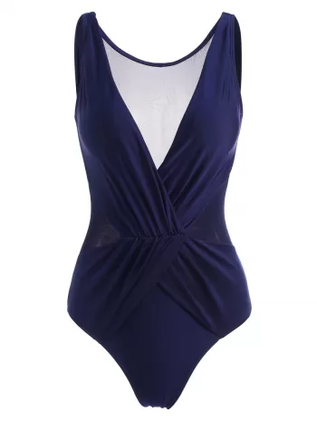 Mesh Panel Ruched Surplice One-piece Swimsuit