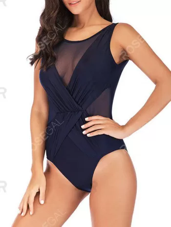 Mesh Panel Ruched Surplice One-piece Swimsuit