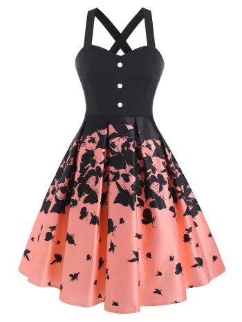 Mock Button Criss Cross Butterfly Print Dress