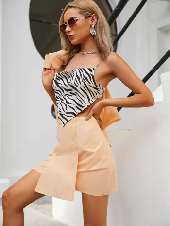 Mock Button Overlap Design Mini Skirt