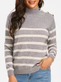 Mock Neck Buttoned Striped Sweater