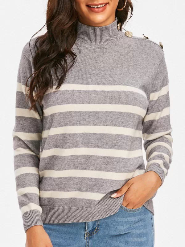 Mock Neck Buttoned Striped Sweater