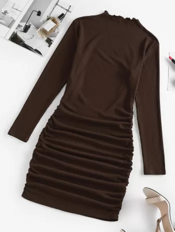 Mock Neck Ruched Ribbed Bodycon Mini Dress