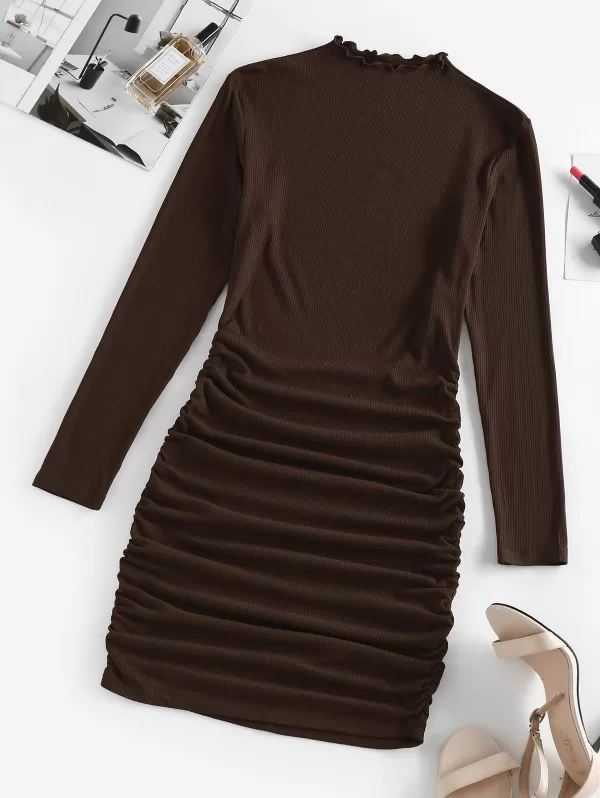 Mock Neck Ruched Ribbed Bodycon Mini Dress