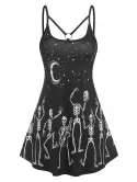 Moon Stars Skeleton Print Spaghetti Strap O-ring Dress