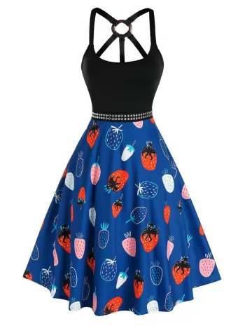 O Ring Strawberry Print Studded Knee Length Dress