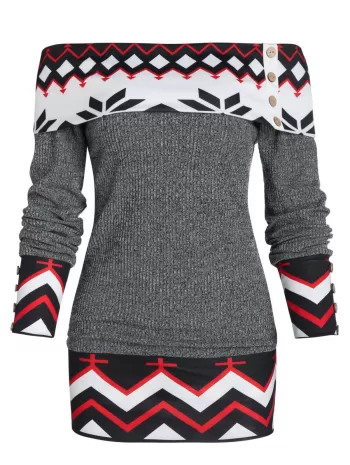 Off Shoulder Geometric Foldover Knit Sweater