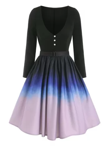 Ombre Mock Button Belted Dress