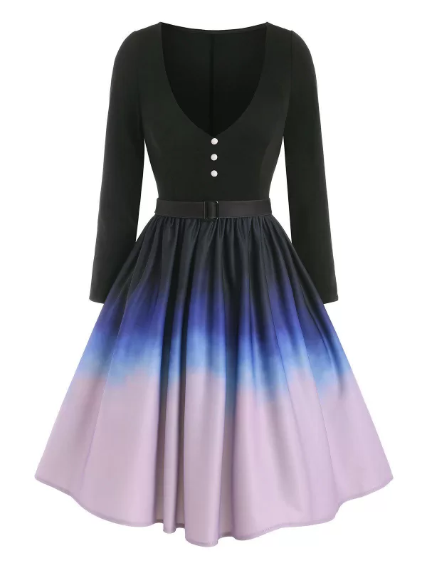 Ombre Mock Button Belted Dress