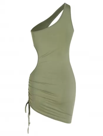 One Shoulder Cutout Ruched Slinky Mini Dress