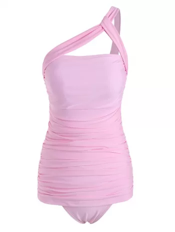 One Shoulder Ruched Tankini Swimwear