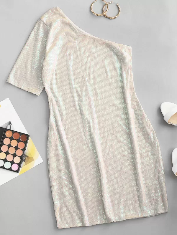One Shoulder Sparkly Sequined Party Dress