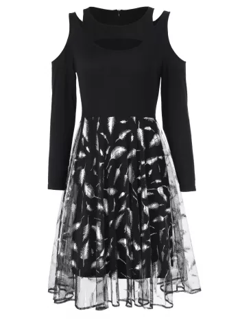 Open Shoulder Long Sleeve Fit And Flare Dress