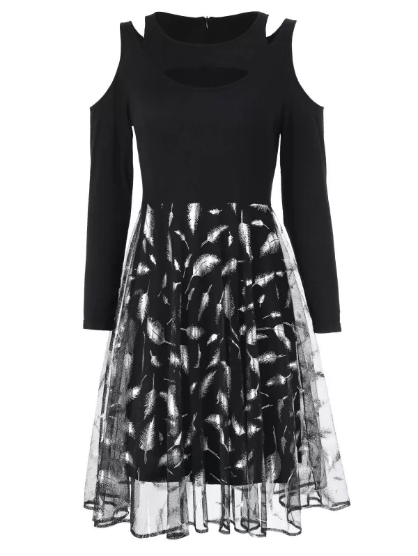 Open Shoulder Long Sleeve Fit And Flare Dress