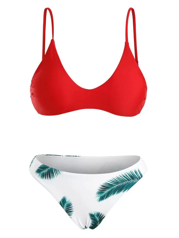 Padded Bra And Floral Leaf Print Bottoms