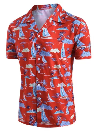 Palm Tree Sailboat Print Button Up Hawaii Shirt