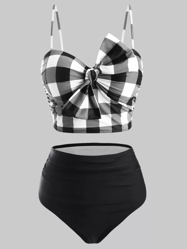 Plaid Bowknot High Rise Tankini Swimwear