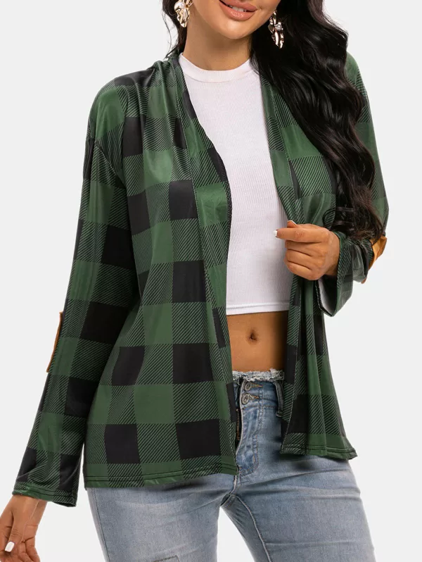 Plaid Collarless Elbow Patched Cardigan