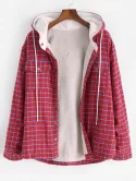 Plaid Faux Fur Fluffy Pocket Hooded Shirt Jacket