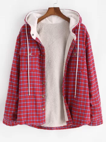 Plaid Faux Fur Fluffy Pocket Hooded Shirt Jacket