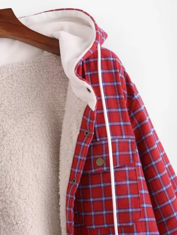 Plaid Faux Fur Fluffy Pocket Hooded Shirt Jacket