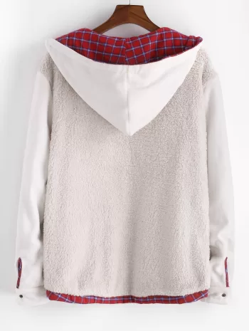 Plaid Faux Fur Fluffy Pocket Hooded Shirt Jacket