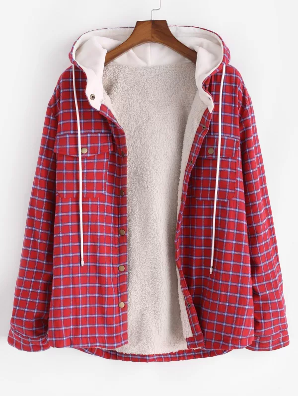 Plaid Faux Fur Fluffy Pocket Hooded Shirt Jacket