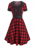 Plaid Lace Applique Cuffed Belt Vintage Dress