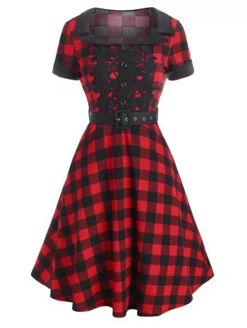Plaid Lace Applique Cuffed Belt Vintage Dress