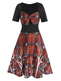 Plaid Panel Bowknot Mini A Line Dress