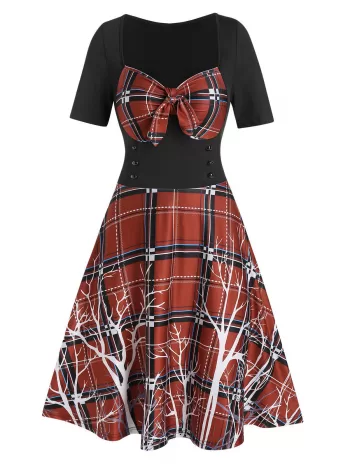 Plaid Panel Bowknot Mini A Line Dress